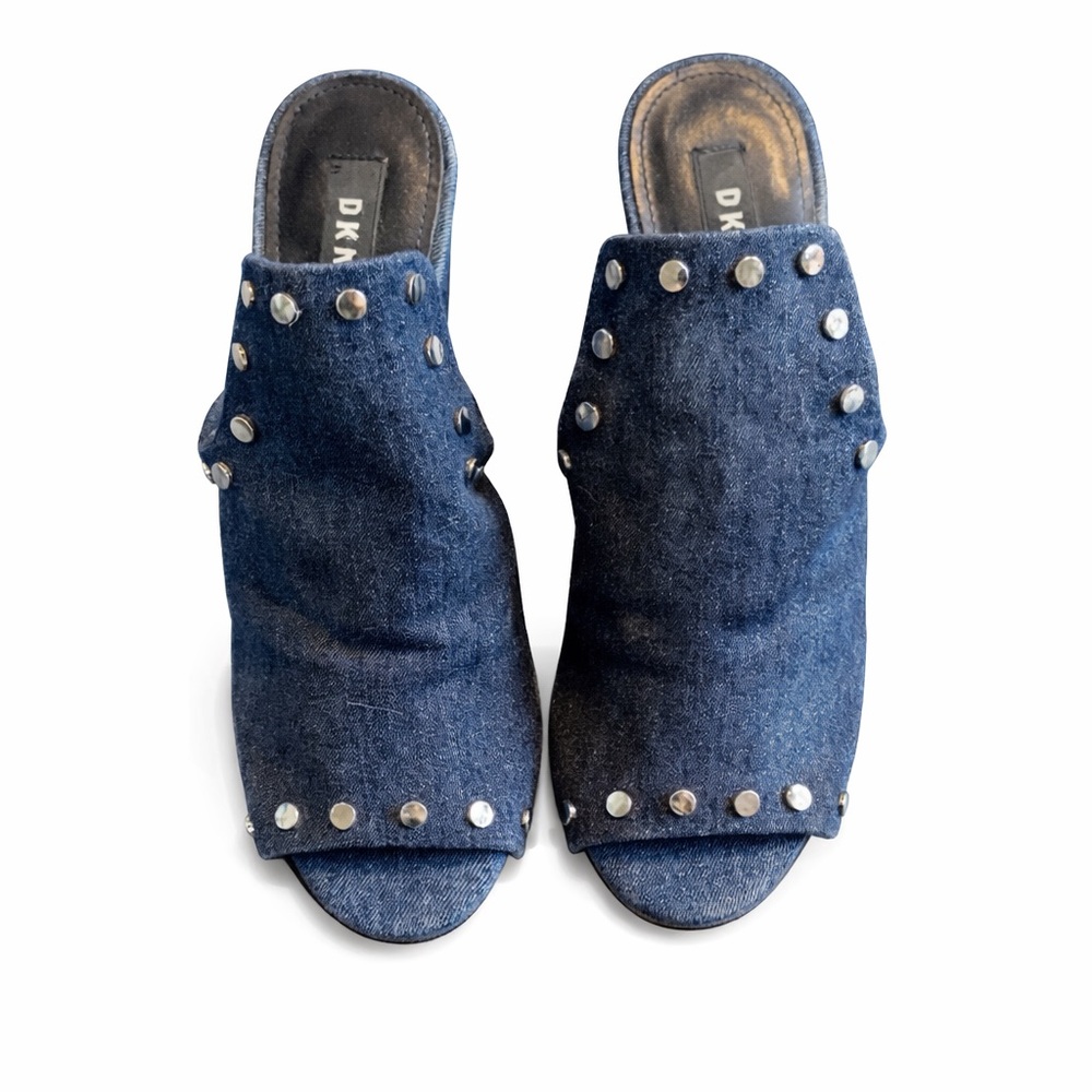 DKNY Denim Studded Mules Size 6 | Blue Slide Sandals Open Toe Casual Chic